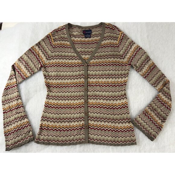 Nautica Jeans Company Zigzag Chevron Knit Cardigan L Made in Australia Y2K Luxe - Picture 1 of 12